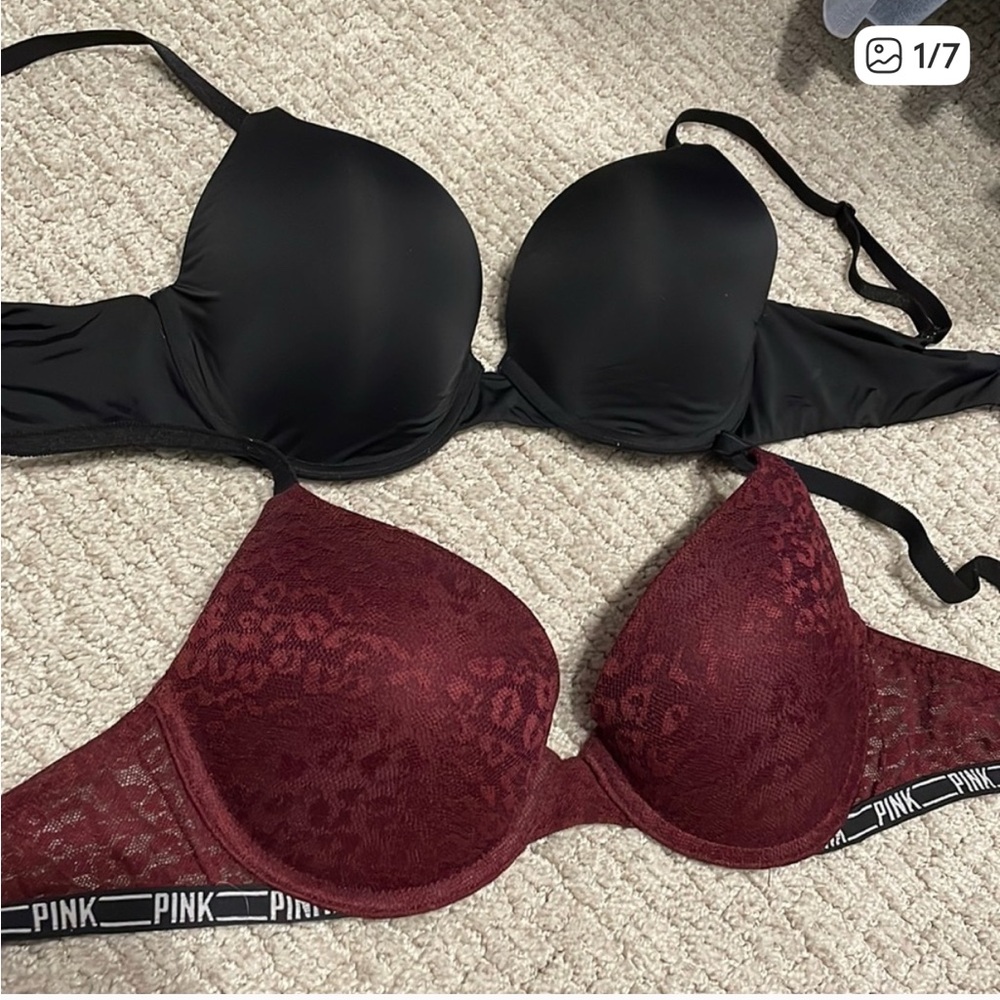 PINK Victoria's Secret Black Satin and Burgundy Lace Bra Set